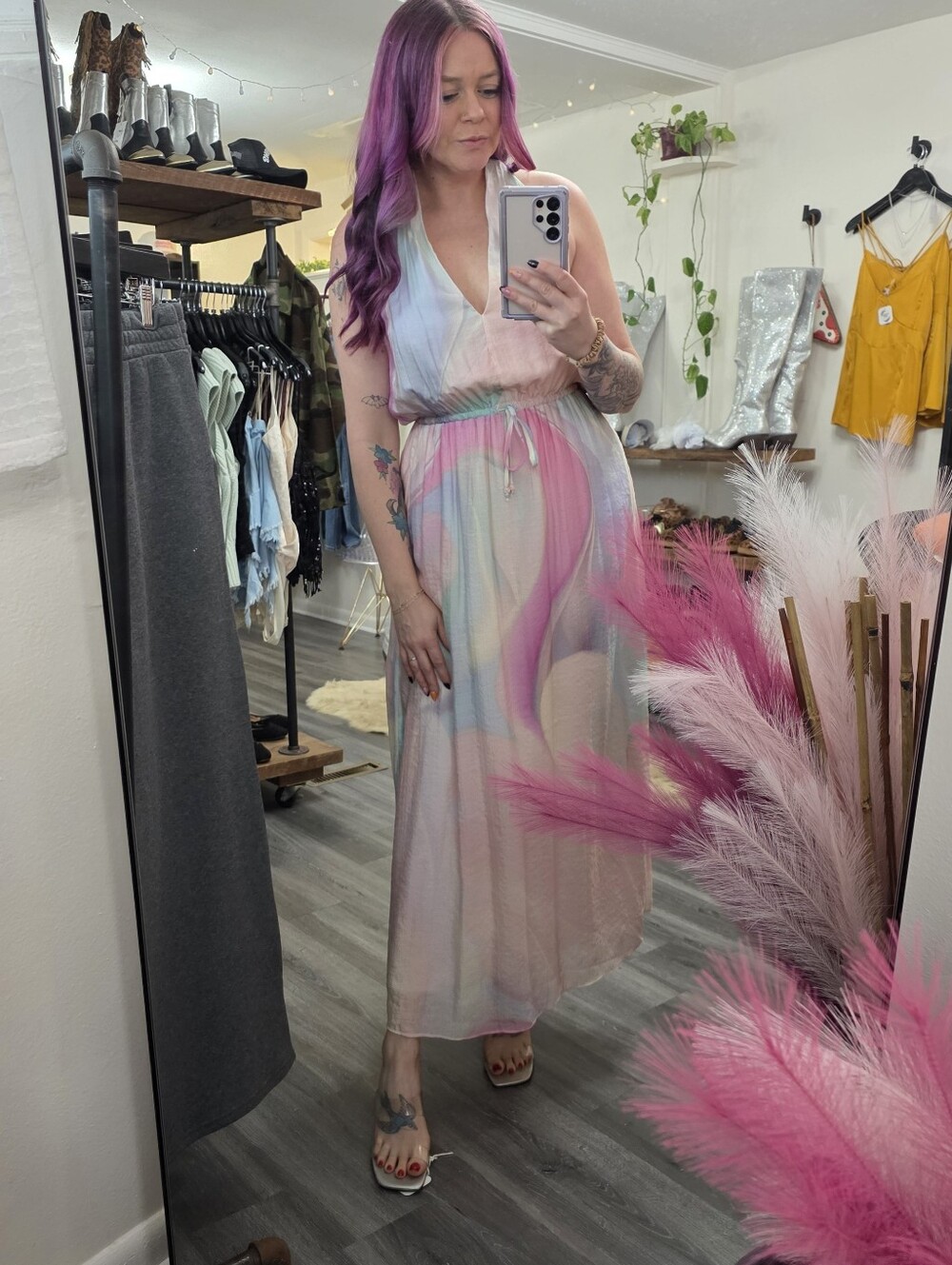 Steve Madden Crawford Maxi Dress Pastel Multi Tie-Dye Halter Neck Pink Multi